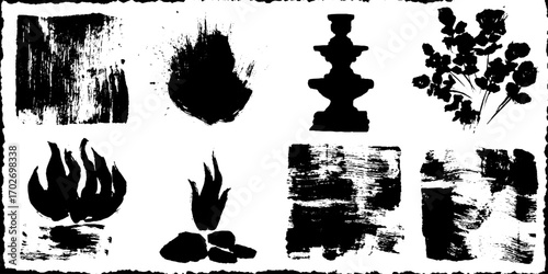 Black ink silhouette set featuring fire and smoke elements for creative projects