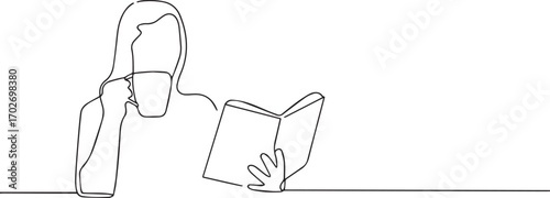 people reading book and eating tea one continuous line art, Vector illustration, One line art, Line art graphic style