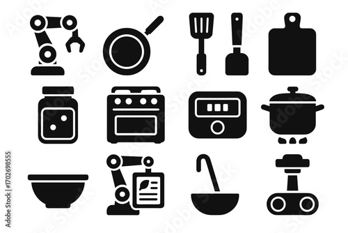 Chef arm timer chopping vector robot display icon container recipe pot ingredient