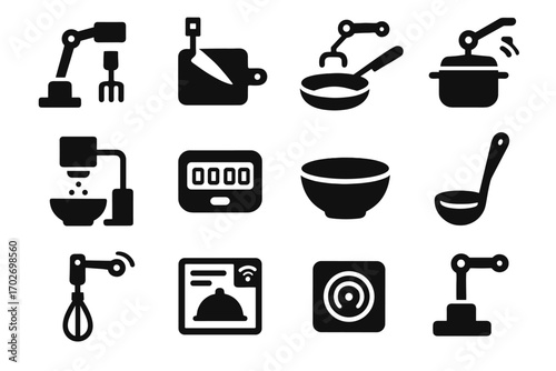 Frying bowl board cooking sensor automated ladle recipe container vector pad icon