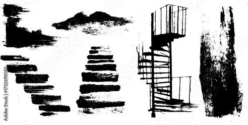 Urban silhouettes: black ink set of fire escapes and ladders for grunge design