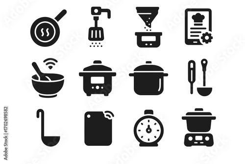 Digital vector temperature sensor pan icon board smart timer scale cooking chopping