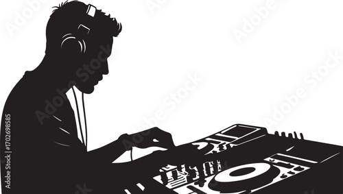 Silhouette of a man wearing headphones and operating a D J mixer with turntables vector