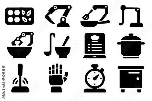 Screen robotic vector pad mixing arm kitchen digital ingredient timer recipe icons
