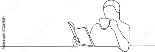 people reading book and eating tea one continuous line art, Vector illustration, One line art, Line art graphic style