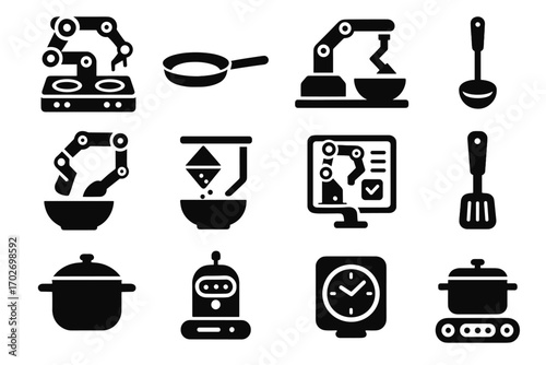 Frying robotic icon sensor digital kitchen icons timer vector module spatula arm