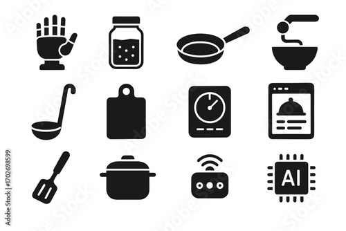 Chopping ingredient bowl kitchen icon smart vector screen cooking sensor timer frying