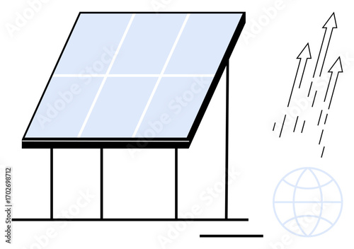 Solar panel generating energy with arrows denoting energy transfer and globe representing global impact. Ideal for sustainability, renewable energy, eco-friendly technology, clean power, green