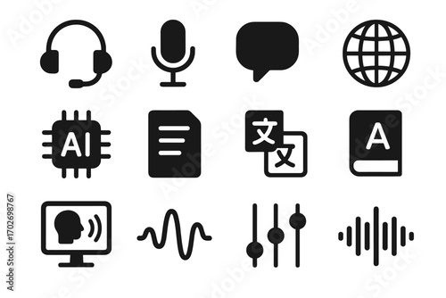 Speech vector headset translation dictionary icon module chip interface ai microphone globe