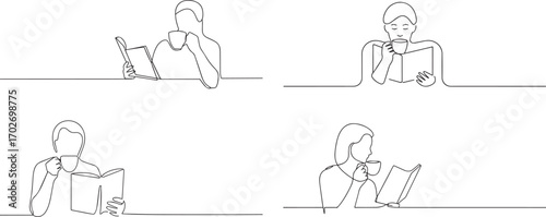 Set of people reading book and eating tea one continuous line art, Vector illustration, One line art, Line art graphic style