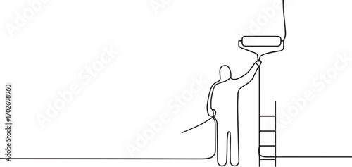 man painting wall one continuous line art, Vector illustration, One line art, Line art graphic style