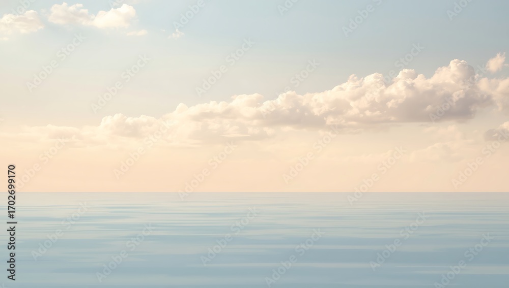 Obraz premium Beautiful orange clouds drift across the evening sky as the sun sets over the calm ocean horizon