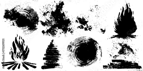Black ink silhouette designs of fire flames and bonfires for creative projects