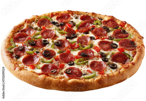 A round pizza, generously topped with pepperoni, olives, bell peppers, and mozzarella cheese