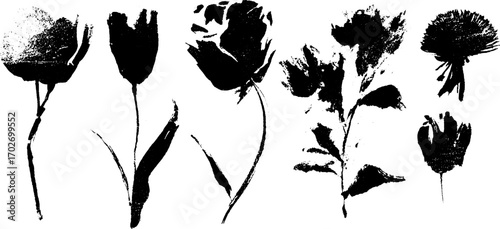 Black ink silhouettes of floral set with roses tulips and daisies for artistic design