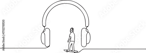 person skateboardin and headphone one continuous line art, Vector illustration, One line art, Line art graphic style