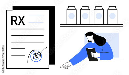 Pharmacist holding a clipboard, pointing to medications on shelves behind, alongside a signed medical prescription. Ideal for healthcare, pharmacy, medicine, prescription management, consultation