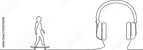 person skateboardin and headphone one continuous line art, Vector illustration, One line art, Line art graphic style
