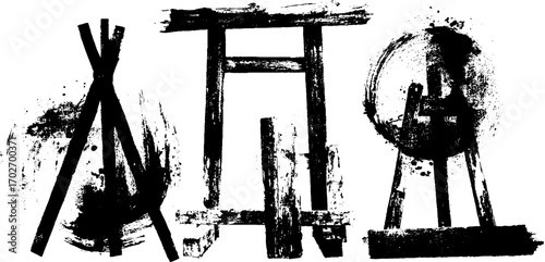 Black ink silhouettes of frame constructions with grunge art elements
