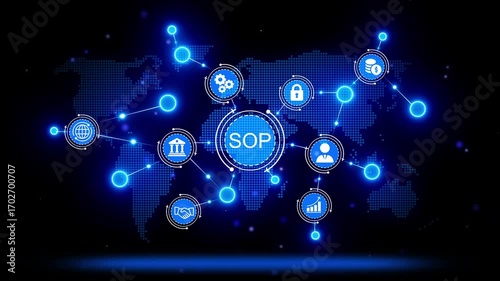 Global business process management network with S O P central hub and interconnected icons for finance security teamwork and growth on digital world map background