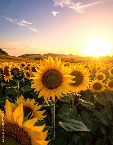 Sunflowers field at sunset
