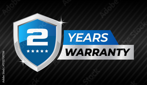 2 years warranty shield badge label icon. Blue and silver metal shield guarantee logo with stars, Security protection emblem, Quality assurance seal, Vector illustration