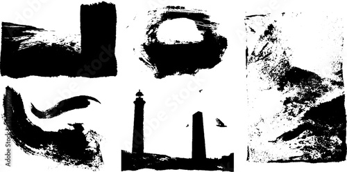 Futuristic panoramas in black ink silhouette with urban silhouette and tower elements