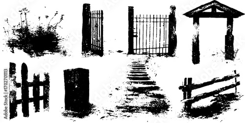 Black ink silhouette collection of gates and doors with grunge texture