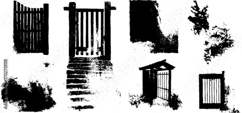 Black ink silhouettes of gates and doors with textured grunge effects for urban design