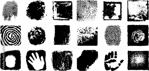Black ink silhouettes of geometric borders and fingerprints for creative design