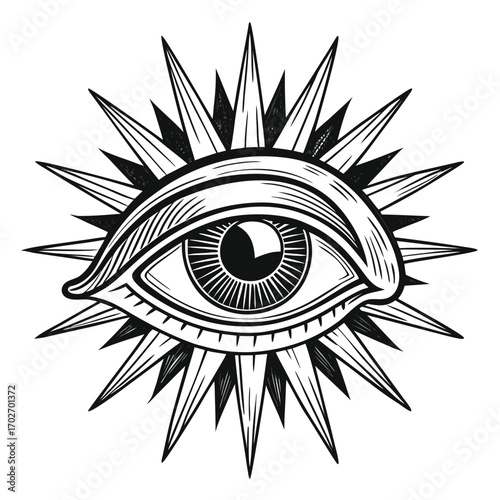 All- Seeing Eye Symbol with Starburst Rays in Black and White Keywords: all-seeing eye, eye of providence, eye of