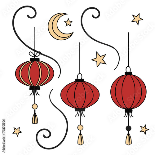 Red Chinese Lanterns with Moon and Stars on White Background Keywords: Chinese lanterns, red lanterns, hanging