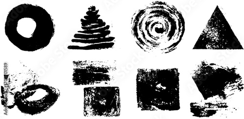 Abstract black ink silhouettes of geometric shapes for creative design
