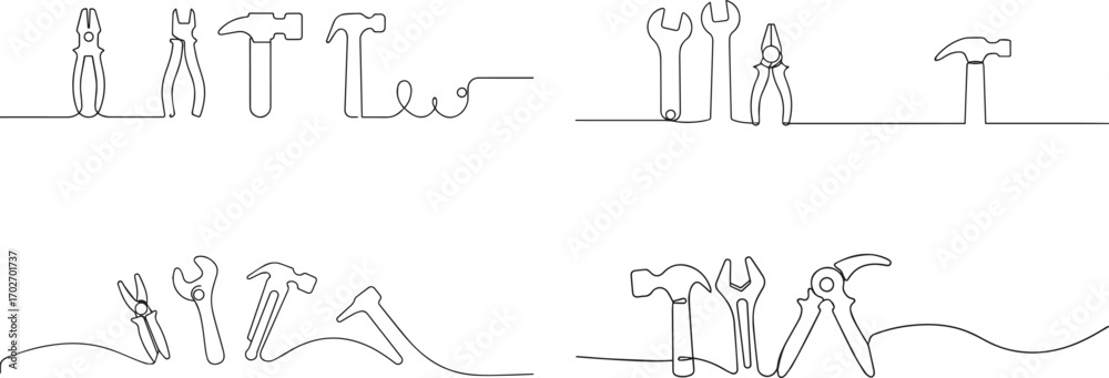 Ταπετσαρία Set of Mechanical tool kit one continuous line art, Vector illustration, One lin