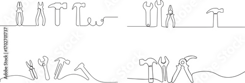 Set of Mechanical tool kit one continuous line art, Vector illustration, One line art, Line art graphic style