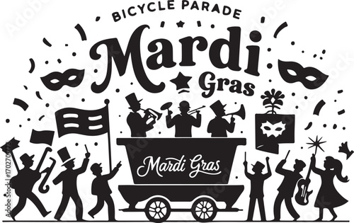 Black and white illustration of a Mardi Gras bicycle parade with musicians and revelers vector