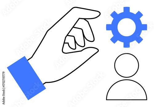 Minimalist hand interacting with a blue gear and figure symbolizing customization, teamwork, or efficiency. Ideal for management, recruitment, strategy, organization, leadership, innovation simple