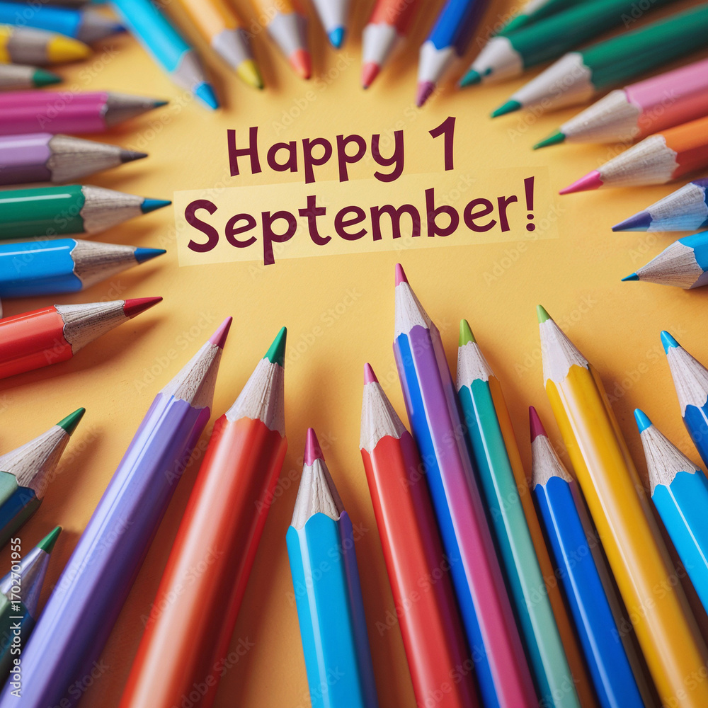 Fototapeta premium Colorful pencils arranged in a circular pattern around a message that reads 'Happy 1 September!' on a yellow background