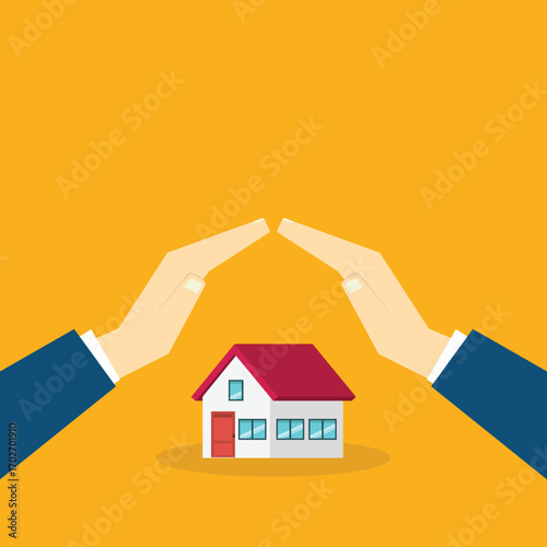 House with a protective hands. For security concepts, protection of private property. Insurance, mortgage, credit.	
