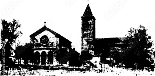 Gothic cathedrals and towers in black ink silhouette for urban art and design