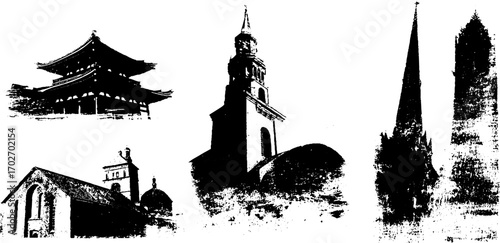 Black ink silhouette set of gothic architecture for urban art and design inspiration
