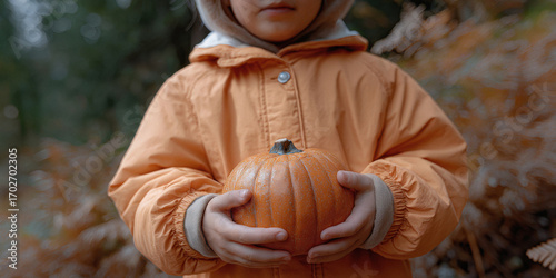 Child in a pumpkin costume holding a jack o lantern in an autumn field, warm family Halloween scene with soft bokeh and copy space