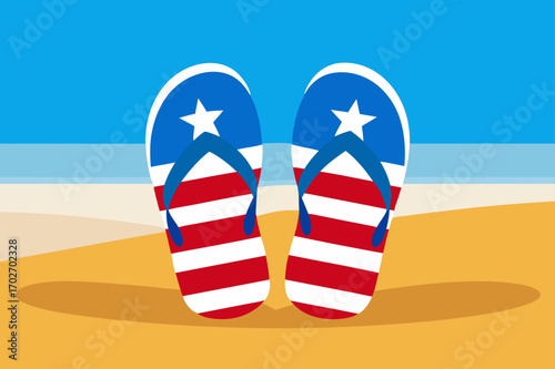 American flag flip flops on a sandy beach