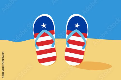 American flag flip flops on a sandy beach