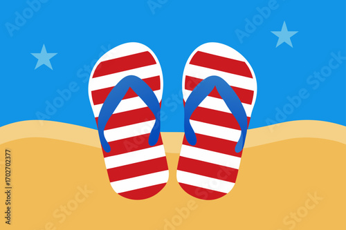 Patriotic flip flops on a beach with stars