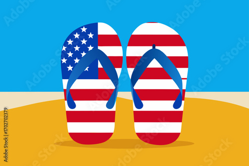 American flag flip flops on a sandy beach under a blue sky