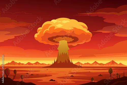 Stylized mushroom cloud explosion over barren landscape