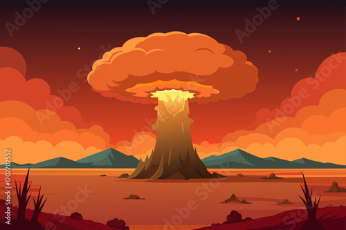 Apocalyptic mushroom cloud over barren landscape