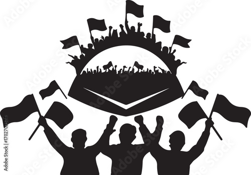 Black silhouette of a crowd of people holding flags and raising their arms in protest or celebration
