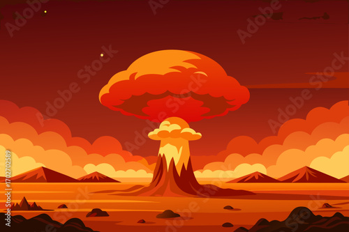 Dramatic mushroom cloud explosion over barren landscape